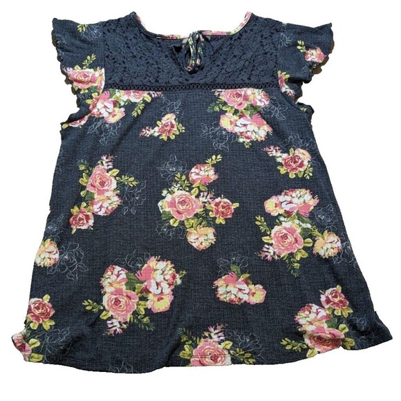 Torrid Womens Gray Pink Peach Flower Floral Lace Smock Ruffle Sleeve Top Size 1 - Picture 2 of 11